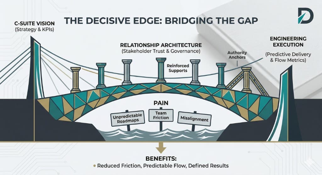 Infographic: Decisive Edge bridge from C-suite vision and KPIs to engineering execution and predictive delivery, with relationship architecture as the span over execution pain. Full text is in the image.