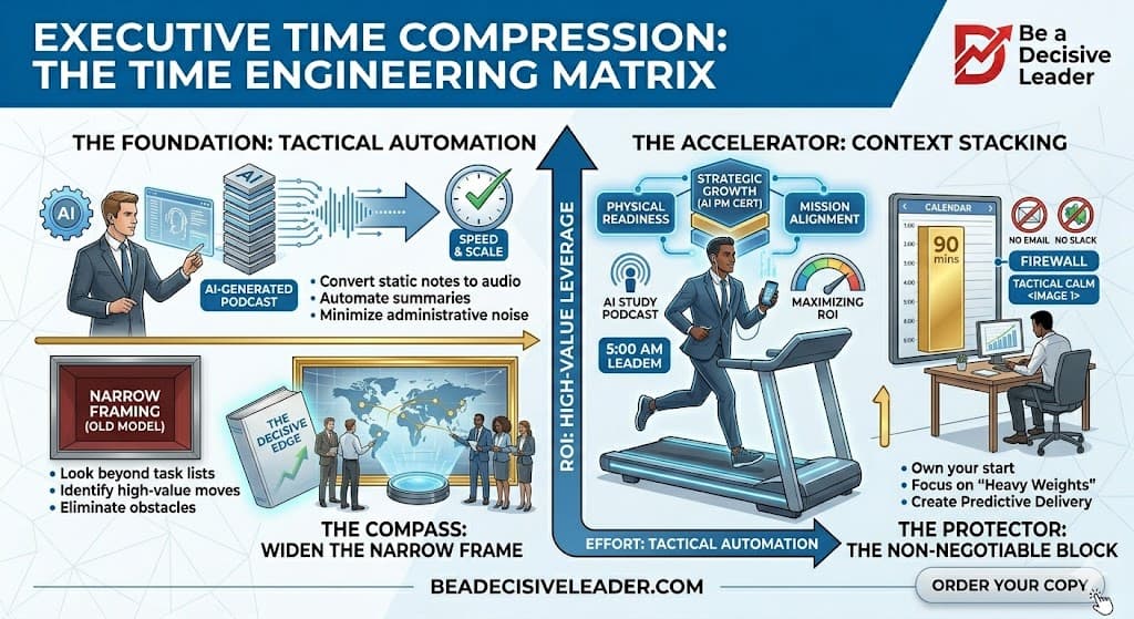 Infographic: Executive Time Compression matrix across tactical automation, widening the frame, context stacking, and protected focus blocks. Full text is in the image.